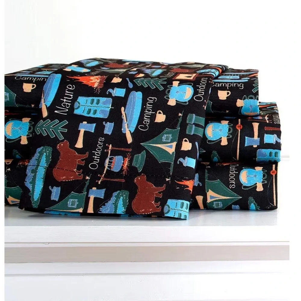 Kids Sheet Set-Campsite Retro Camp Print 3Pc. Set NAVY BLUE-TWIN